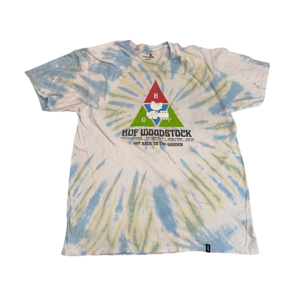 HUF Woodstock Tie Dye T-Shirt Mens Large White Blue Yellow Streetwear‎ Tee